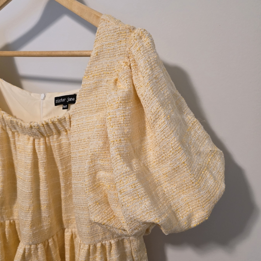 NWOT Sister Jane Tweed Babydoll White Gold Dress With Puffy Sleeves Size Medium - Picture 6 of 8